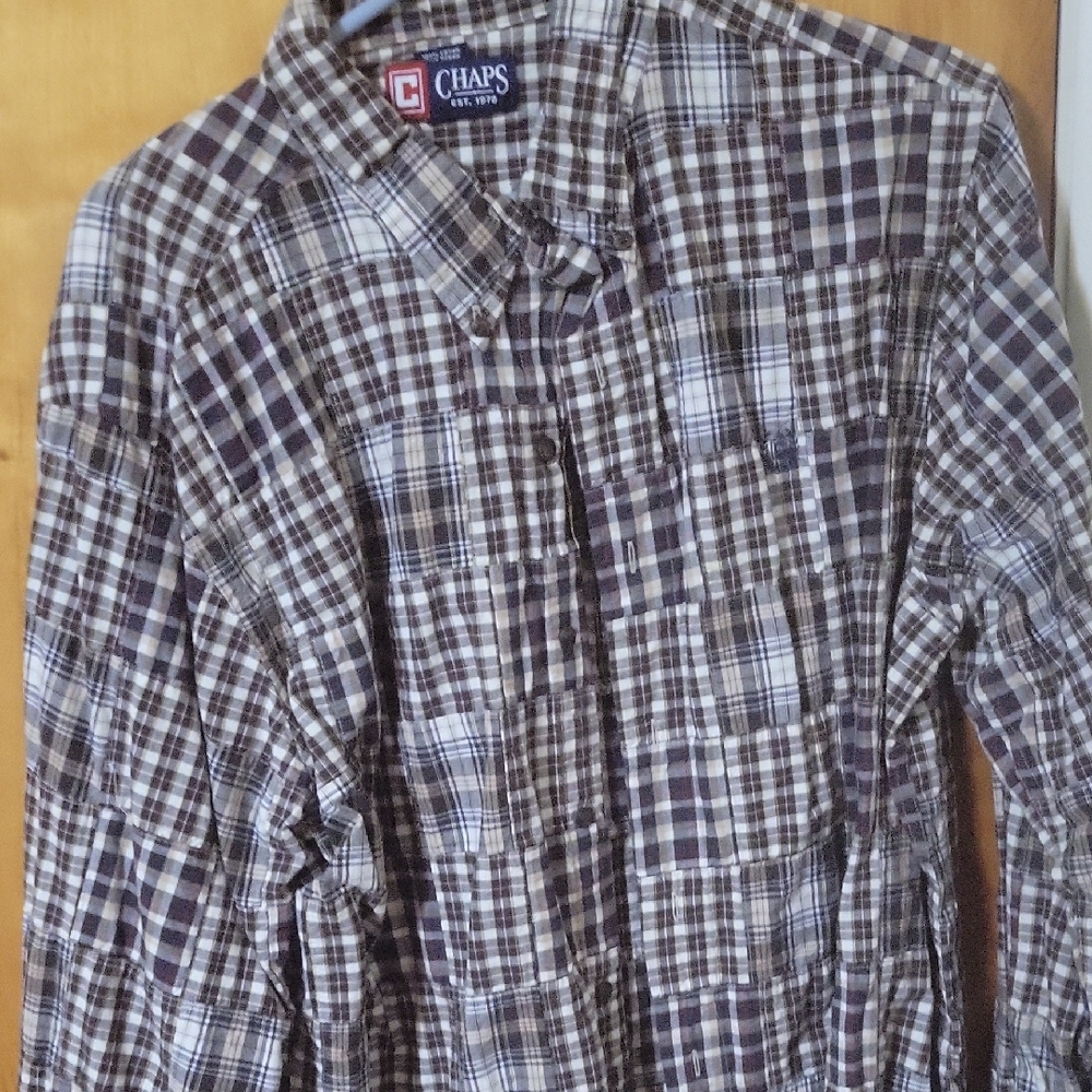 Chaps Men's Casual Plaid Shirt - Brown and White